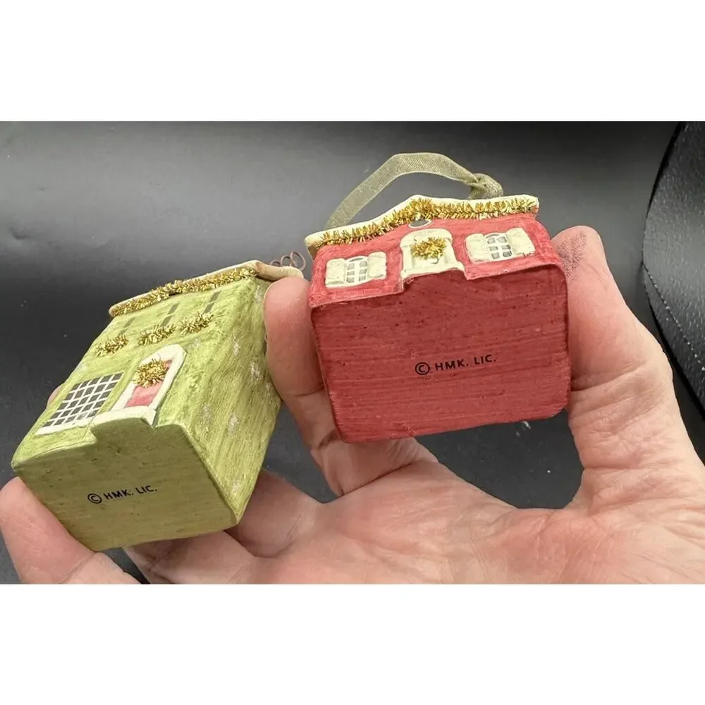 Vtg Lot Of 2 Hallmark Old Town Village Homes Ceramic Christmas Ornaments -LO24